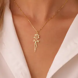 Custom Birth Flower Name Necklace Personalized 18K Gold Plated Floral Pendant Jewelry for Women Mothers Christmas Birthday Gift