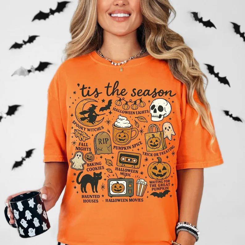 Comfort Colors Vintage Halloween Tshirt, Tis' The Season, Retro Halloween Aesthetic, Women's Halloween Shirt, Pumpkin Witch Graphic Tee