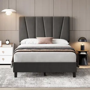 Linen Upholstered Bed Frame with Adjustable Tufted Headboard, Sturdy Platform, No Box Spring