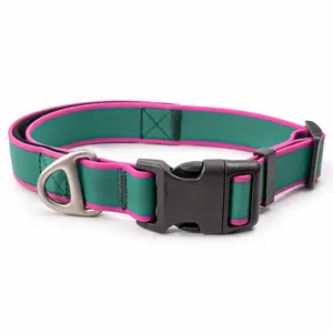 PVC Fabric Dog Collar, Waterproof, Stain-Proof, Adjustable Quick-Release Quick-Buckle, Small-Medium Size, Green & Pink Color Block