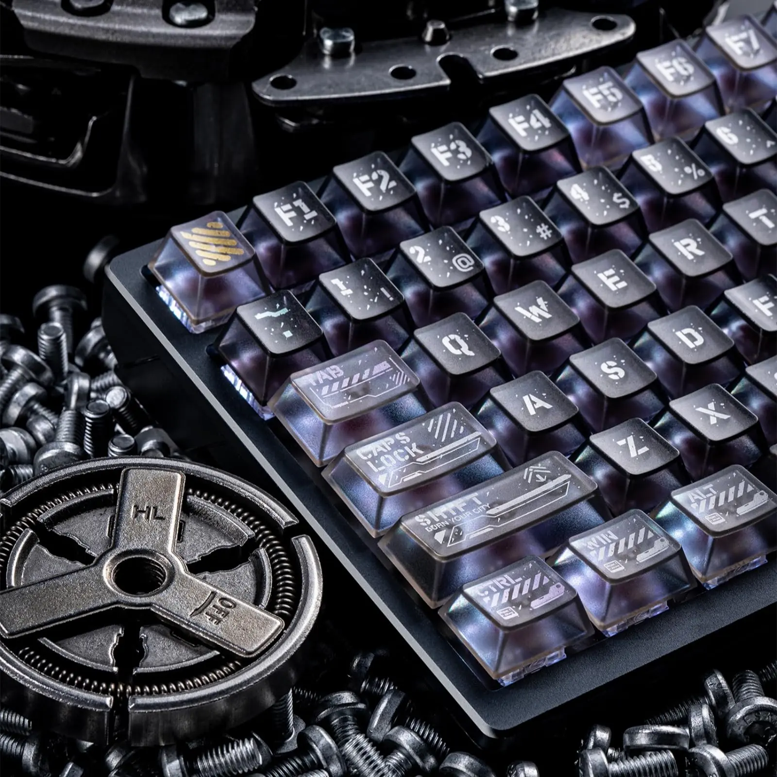 ULTRAEQUIP Frosted Clear Cyberpunk Ruins Keycap Set, 120-Key PC Material Transparent Shine-Through Keycaps with Metal Pad Print, Compatible with 60%/75%/100% RGB Backlit Mechanical Keyboards, Durable Keyboard Accessory