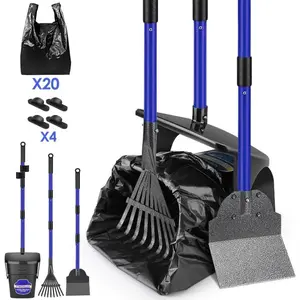 Dog Pooper Scooper, 37.4" Long Adjustable Metal Handle Swivel Bin & Rake & Spade Kit with 20 Poop Bags, Portable Dog Non-Breakable Poop Scooper for Gravel Yard Lawn Grass, Blue