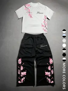 Unisex Y2K Style Sakura Two Piece Set, Cherry Blossom Print Short Sleeve T-Shirt & Wide Leg Sweatpants, Japanese Floral Streetwear, Summer Casual Wear For Anime Fans And Streetwear Lovers