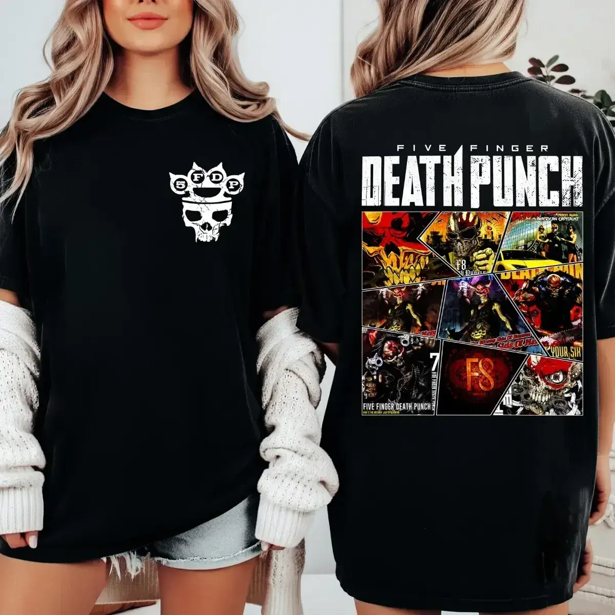[FREE SHIP] Five Finger Death Punch Rock Shirt, Heavy Metal Graphic Tee, Skull Back Print For Metal Fans