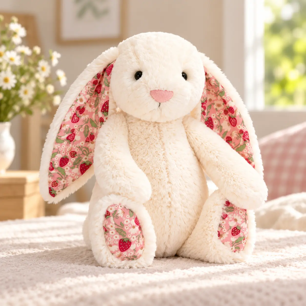 Jellycat Bashful Cream Bunny with Strawberry Floral Ears, Soft Plush Rabbit Stuffed Animal, Cute Gift for Kids, Birthdays & Collectors