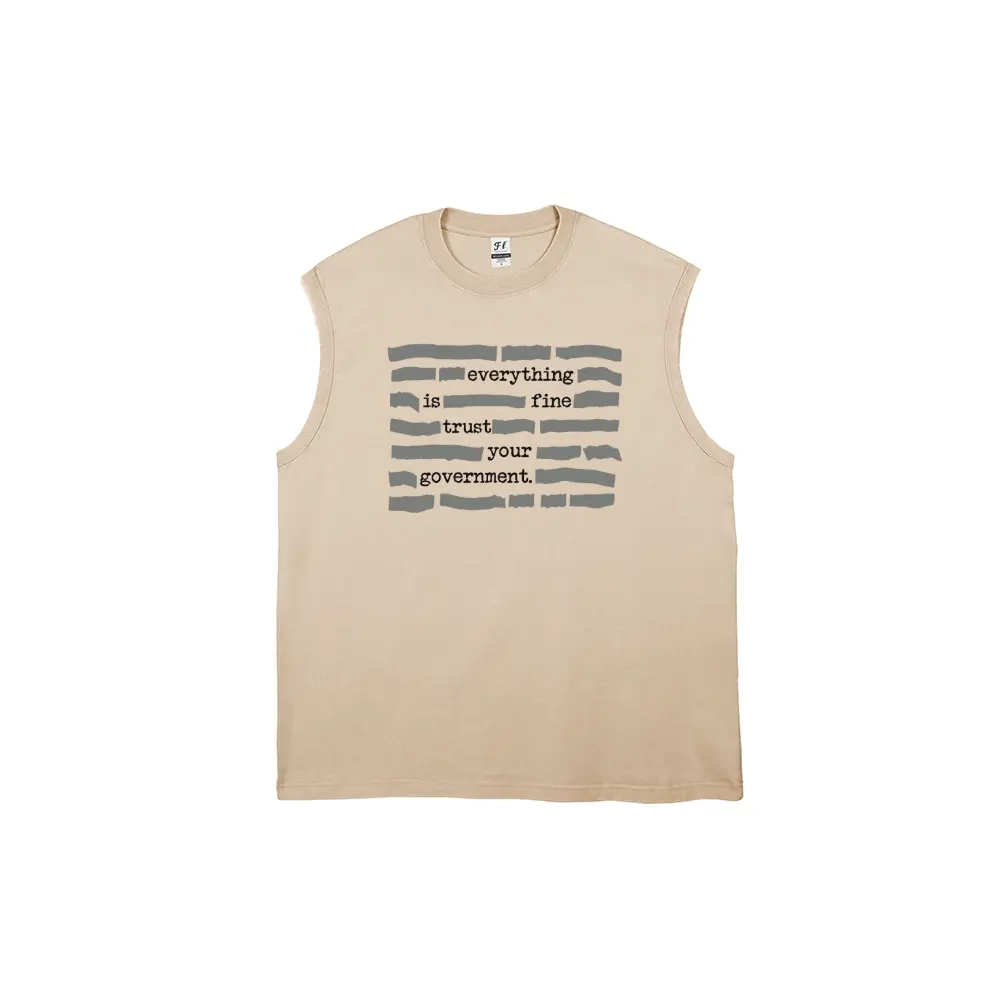 Men's Vintage Washed Pure Cotton Streetwear Tank Top - Breathable, Loose Satirical "Everything is Fine" Print Top, Fabric, Menswear, Sleeveless, Soft