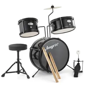 3 Piece Kids Drum Set with Cymbal,2 Drumsticks, Pedal, 2 Tom,Beginner Junior Drum Kit with Throne Stool, Musical Instruments for Boys and Girls,Black Groove Time