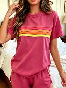 Two-piece women's fashion casual sportswear set, loose and slim-fit with rainbow striped design, perfect for summer, vacations, indoor, and outdoor wear, Womenswear