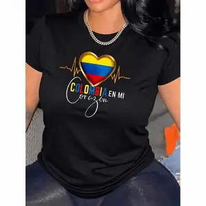 [Colombia Heart Graphic Tee] Colombia Heart Graphic T-Shirt - Women's Casual Short Sleeve Crew Neck Knit Tee - Polyester Spandex Blend, Medium Stretch, Alphabet Print Summer Top Black Womenswear