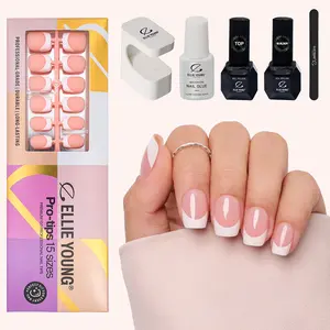 ELLIE YOUNG Pro-Tips Short Square White French Tips with Nude Base, 150pc Press-On Nails Kit, Nail Art – 15 Sizes, Matte Gel Acrylic Look, Soft Gel DIY Extensions