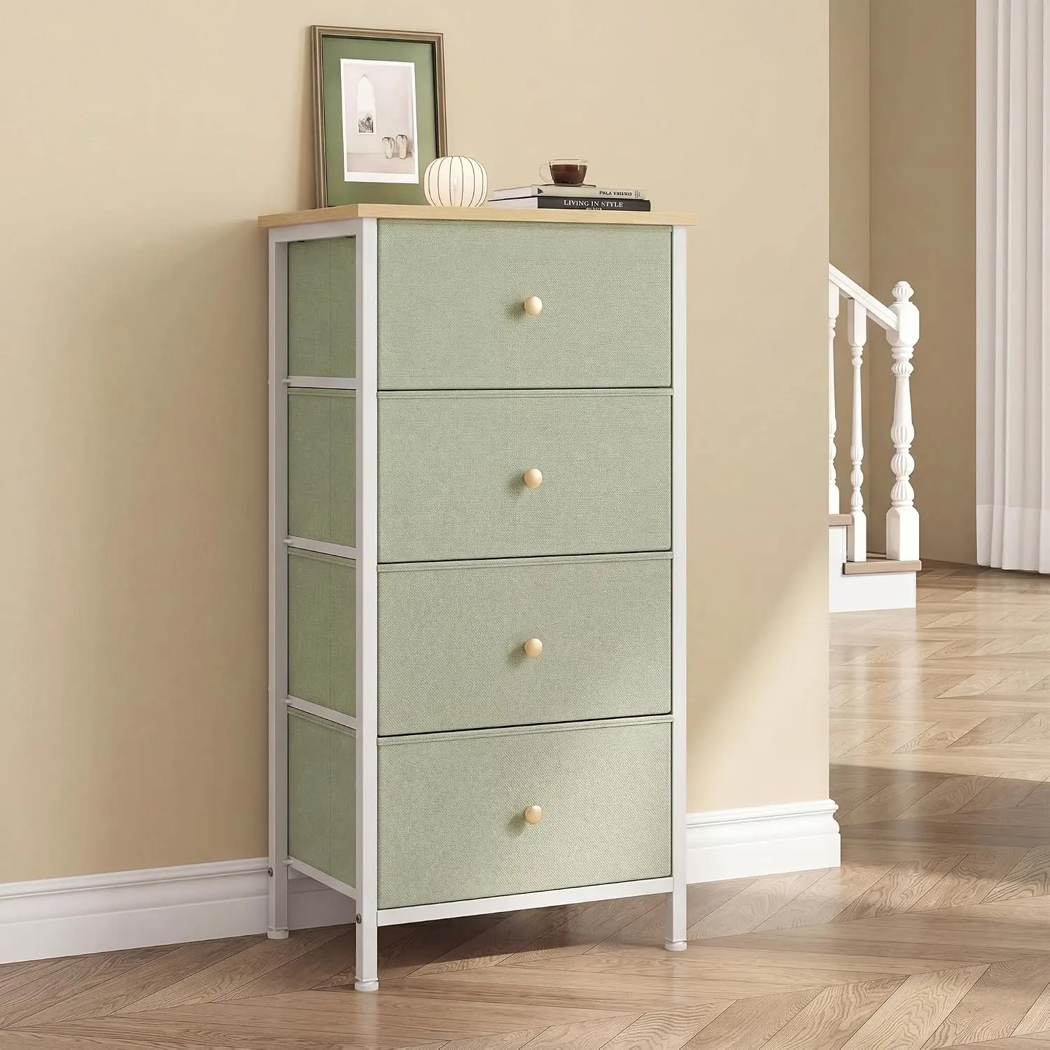 4 Drawer Fabric Dresser Storage Tower Nightstand Chest | Small bedroom dresser and nightstand with sturdy frame,Perfect for closet,entryway,dorm,Easy assembly