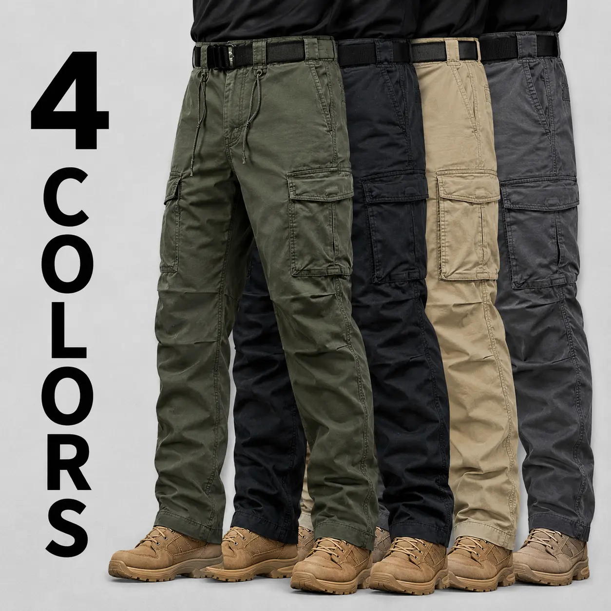 Men’s solid-color tactical work pants (limited breathability), with multiple pockets and zipper closures; durable outdoor training pants, available in multiple colors—suitable for fishing, work, and camping, ideal for spring and autumn wear.