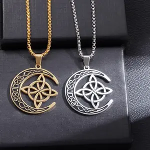 Good Luck Celtic Irish Knot Necklace Stainless Steel Witch Moon Amulet Protection Jewelry Women Fashion Necklace