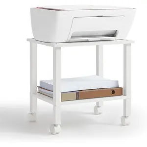 2 Tier Printer Stand with Storage, Under Desk Shelf Printer Table, Rolling Printer Cart for Office, Home, White