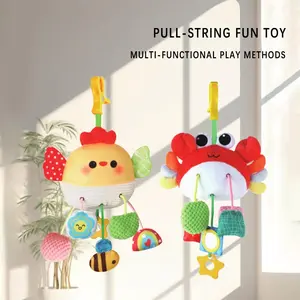 Infant Crab Hanging Toy for Crib and Stroller, Multifunctional Pull String Sensory Toy with Bell, Rattle, Mirror, Teething Stick, Soft Plush Animal