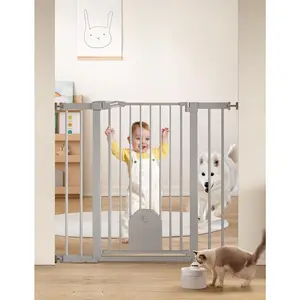 36" Tall Auto Close  Gate with  Door,29-43" Metal Gate for Doorway,Stairs,House,Easy Walk Thru with pet Door,Includes 4 Wall Cups and 3 Extension Pieces,Gray