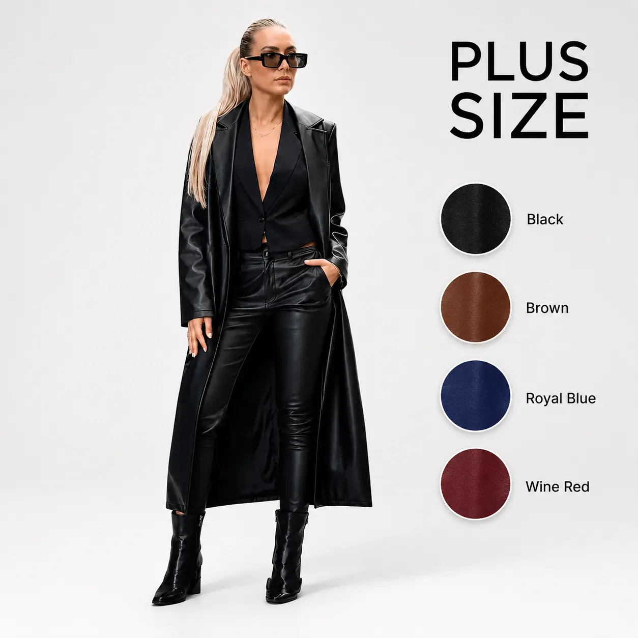 Women's Plus Size Soft PU Leather Trench Coat - Oversized Open Front Longline Windproof Waterproof Outerwear, Elegant Streetwear Sports Outerwear (4 Colors), Water Proof