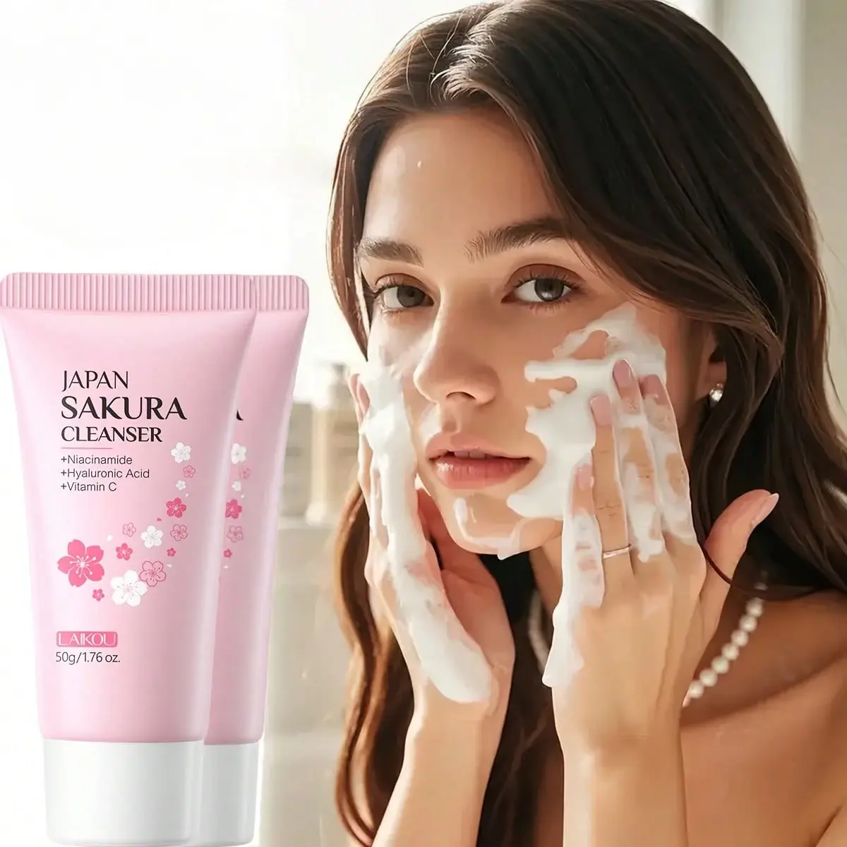 Hydrating Sakura Face Wash, Lightweight Floral Foam for Gentle Daily Cleansing with Vitamin C and Niacinamide for Hydration, 100g