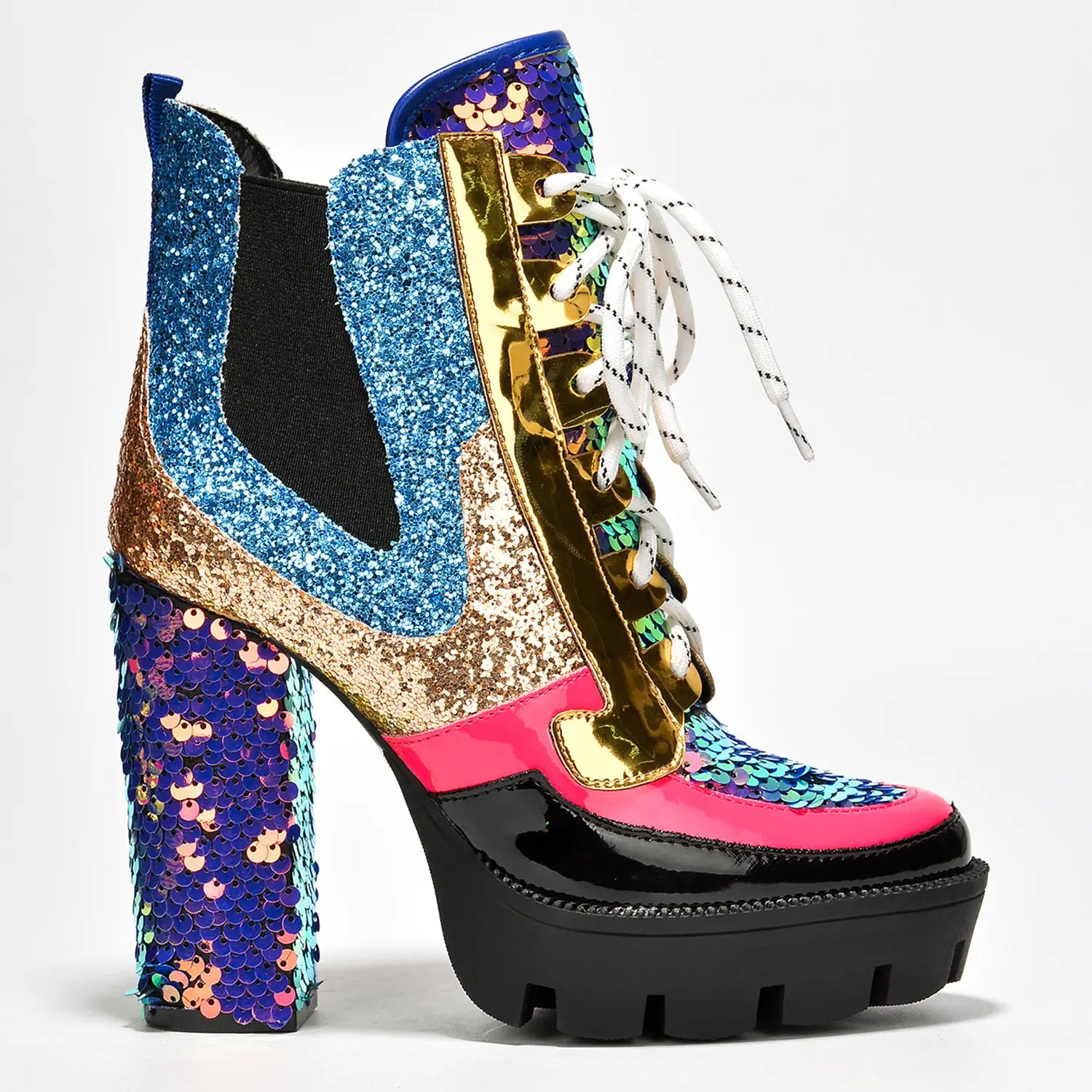 Nell Women's Sequin Cowboy Booties - Block Heel & Lace-Up Booties - Mermaid