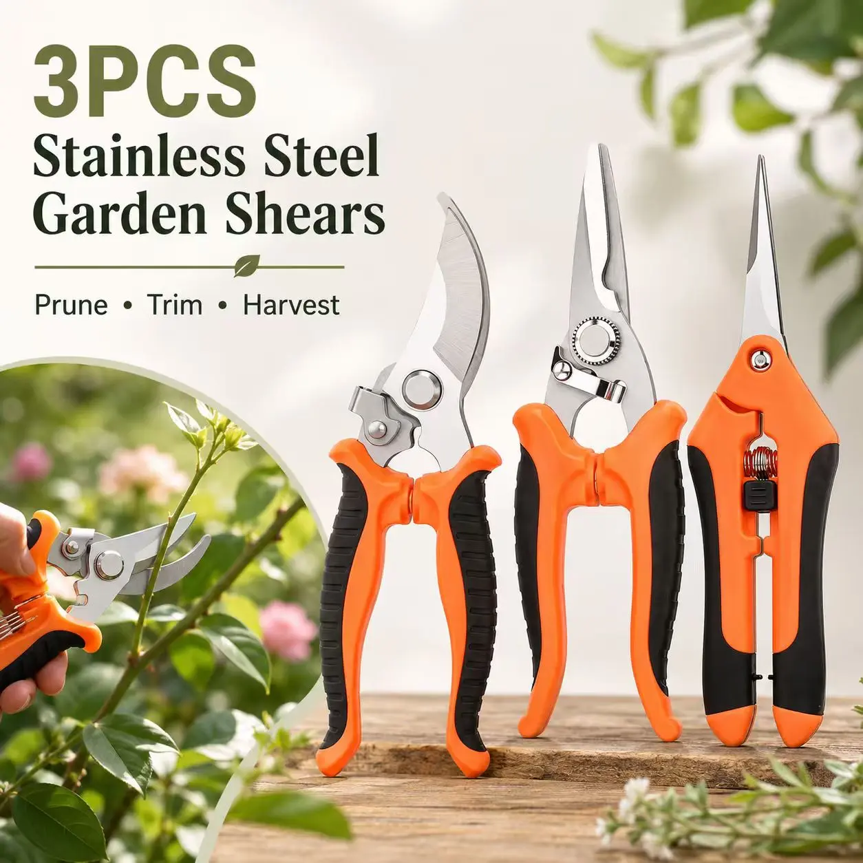 3PCS Stainless Steel Garden Shears Set, Spring-Loaded Pruning Scissors with Non-Slip Handles for Flowers, Herbs, Stems and Small Branches
