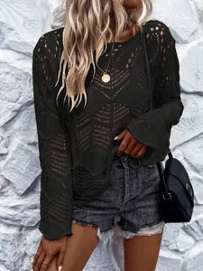 Women's Pullover, Solid Color Openwork Drop Shoulder Knitwear Sweater, Long Sleeve Top, Casual Fashion, Comfortable Fit, Perfect for Daily Wear, Fitted