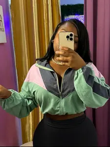 No Pants Included, Women's Patchwork Casual Long Sleeve Jacket, Zipper Drawstring Sportswear, Fitted All Seasons Outerwear, Athletic Jackets, Zip Up Jackets