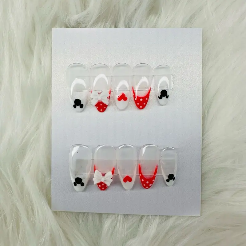 Red and White mouse Almond Nails Press-On Kit with 10 Customizable Nails, Nail File, Cuticle Pusher, Alcohol Wipe & Care Card with Tips