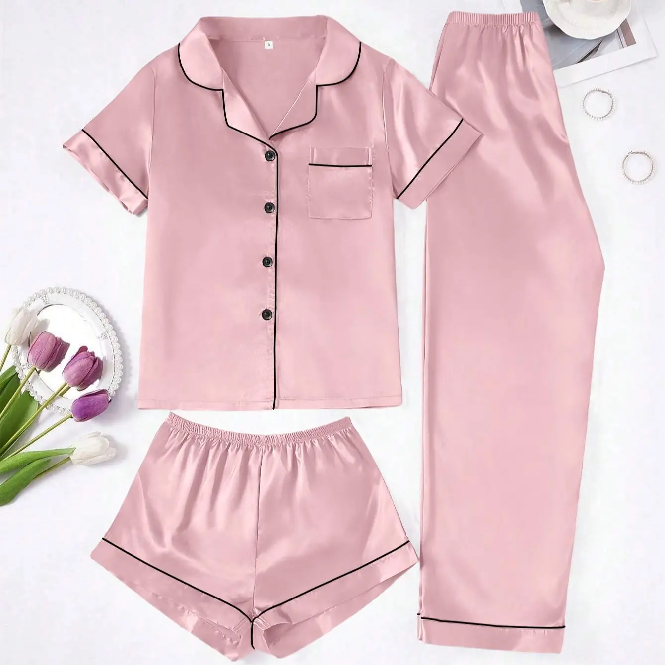 Women's Solid Satin Pajama Set, 3-Piece Minimalist Loungewear with Collared Shortsleeve Top, Shorts and Pants, Nightwear, Basic, Pyjamas, Pj Sets For Women, Pajamas Sets
