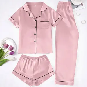 Solid Color Women's Simple & Comfortable 3-Piece Pajama Set - Collared Short Sleeve Top, Elastic Waist Shorts & Elastic Waist Long Pants