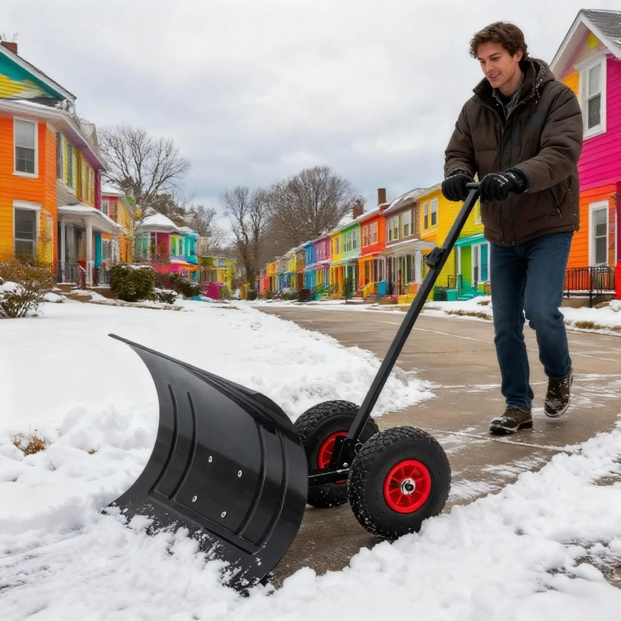 30" W x 17" H Heavy-Duty Snow Shovel with Ergonomic Handle, Adjustable Blade & Wheels for Easy Snow Removal in Driveways & Courtyards