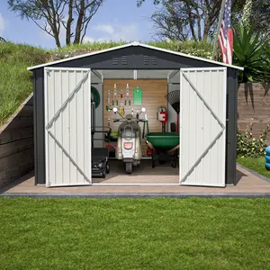 10 x 10 FT Durable Weatherproof Metal Garden Shed, Heavy Duty Outdoor Storage Shed with Updated Frame Structure, Lockable Doors and Vent for Backyard Patio Lawn, Durable Garden Shed, Heavy Duty Shed