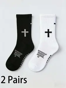 2 pairs Men's Cross Print Mid-Calf Socks, Breathable Anti-Slip Sports Socks, Comfortable Casual Sweat-Wicking, Suitable for Daily Wear, Football Training, Running