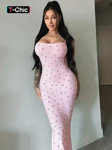 Women's Cherry Print Ribbed Cami Sleeveless Dress, Elegant Style Adjustable Spaghetti Strap Bodycon Vintage Dress for Party Club Dating Wear, Ladies Summer Clothes