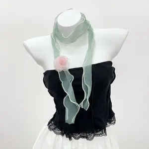 Mint Green Mesh Pearl Wave Neck Scarf with Pink Rose, Delicate Chiffon Neckerchief for Cottagecore Aesthetic Fashion Accessories