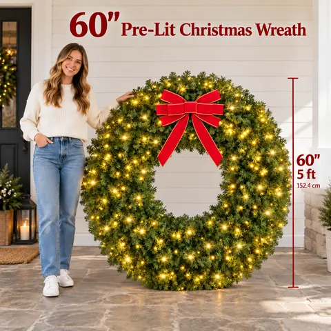 【LED Lights with Bow】Yaheetech 24/30/48/60in Pre-Lit PVC Plastic Artificial Fir Christmas Wreath, 48in/60in Festive Lighted Wreath with LED Lights & Red Bowknot, Decorative Holiday Decorations for Door, Mantel