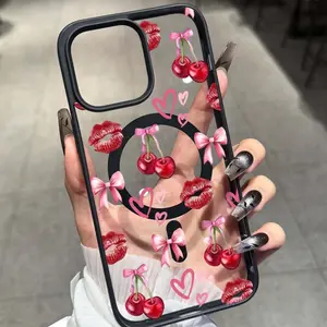 Butterfly Cherry Heart Valentine Acrylic Anti-Drop Phone Case, Magnetic Ring Wireless Charging, Fits Apple iPhone & Samsung Models
