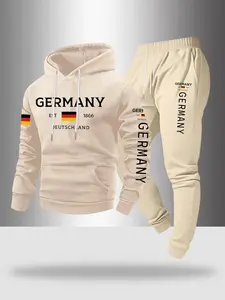 Men's Popular Letter Print Fall Winter Casual Sports Set with Hoodie and Drawstring Pants, Comfortable and Warm Athleisure Athletic Activewear Tracksuits