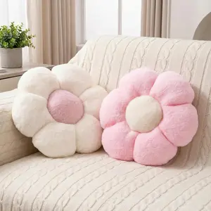 Set of 2 pink and white daisy flower-shaped throw pillows/floor cushions — preppy decorative throw pillows for girls’ bed, bedroom, and couch decor, 15 inches