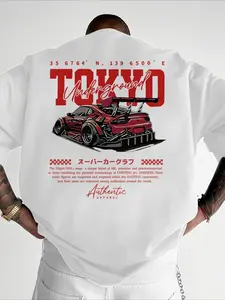 Men's Regular Fit Car & Letter Print Round Neck Tee, Street Fashion Casual Short Sleeve T-shirt for Daily Wear, Men's Top for All Seasons, Tropical, Streetwear.