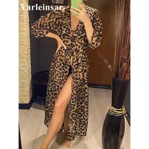 New Sexy Leopard Printed Beach Cover Up Chiffon Cover-ups Swimwear Beach Wear Summer Beachwear Female Women Long Dress V3219
