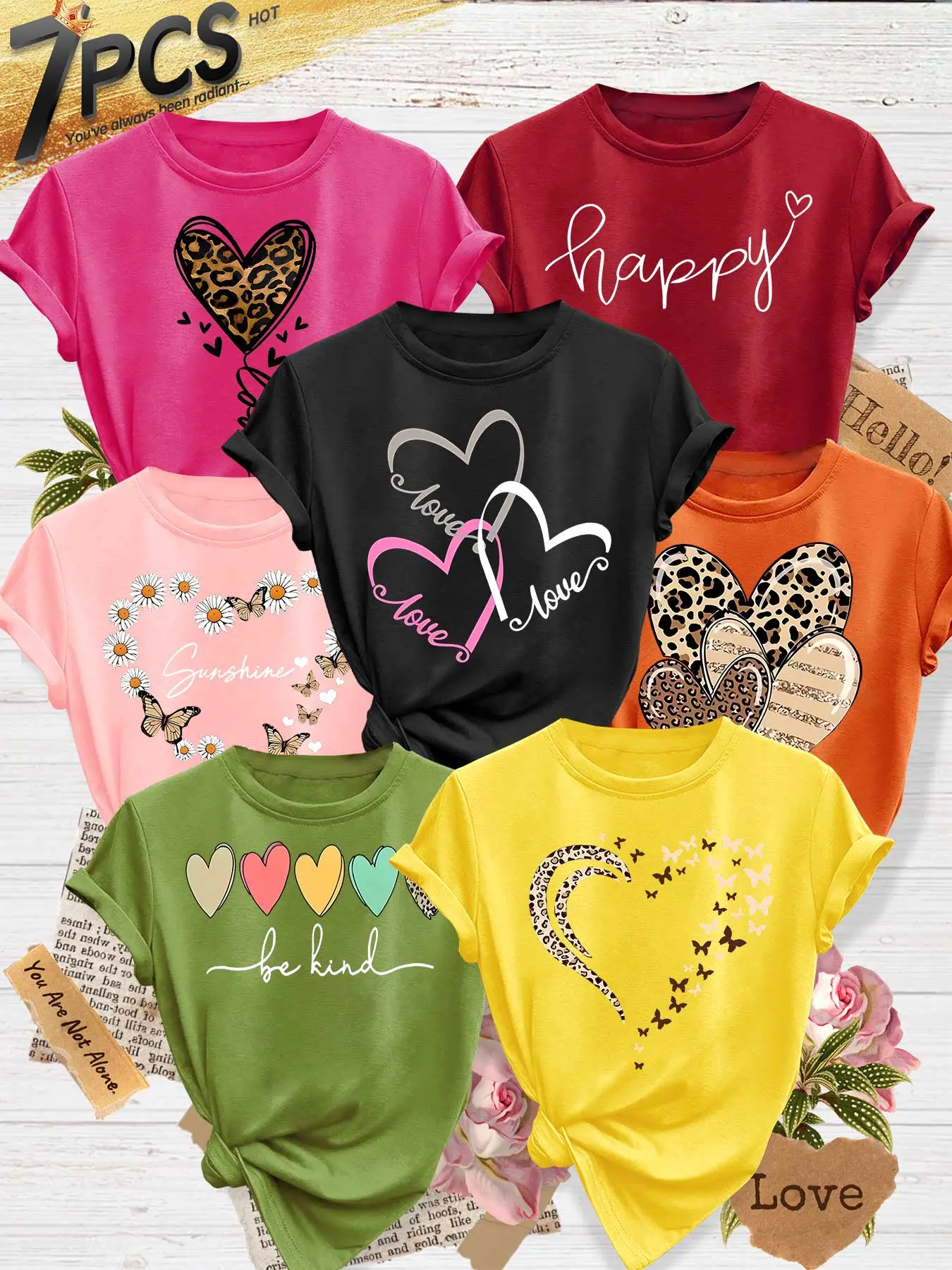 7Pcs Women's Crew Neck T-Shirts, Leopard Print Heart Love Slogan Print Set, Multiple Colors Available, Machine Washable, Spring & Summer Casual Tops, Round Neck, Soft Skin-Friendly Fabric, Daily Versatile, Fashion Design