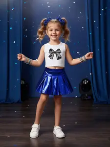 Summer Girls Dance Cheerleading Set with Bow Print, Casual Sleeveless Tee and Pleated Skirt, Available in Multiple Colors Kids Girls Clothing