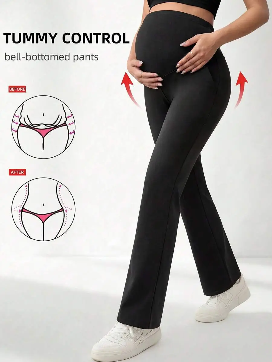 Black High-Waisted Flare Pants For Pregnant Women, Made Of High-Elastic Knit Fabric With Abdomen Slimming Design, With Pockets, Comfortable For Business Casual Daily Wear Spring