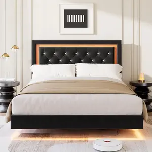 Garvee Floating Bed Frame Full Size with Smart Led Lights, Upholstered Platform Bed with Diamond Headboard, Solid Wood Slats Support, No Box Spring Needed, Noise-Free, Easy Assembly, Black