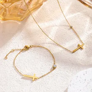 Elegant Cross Necklace & Bracelet Set - Sparkling Minimalist Jewelry for Women