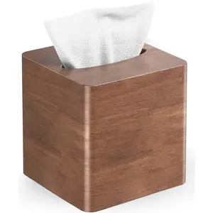 Square Oak Wood Tissue Box Cover Decorative Wooden Cube Facial Tissue Holder for Living Room Dinner Table Bathroom Office Modern Farmhouse Home Decor Brown