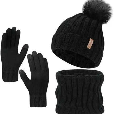3PC Womens Winter Knit Hat Scarf and Gloves Set Fleece Lined Pom Pom Beanie Long Knit Scarf and Touchscreen Gloves Chic Warm Christmas gift sets