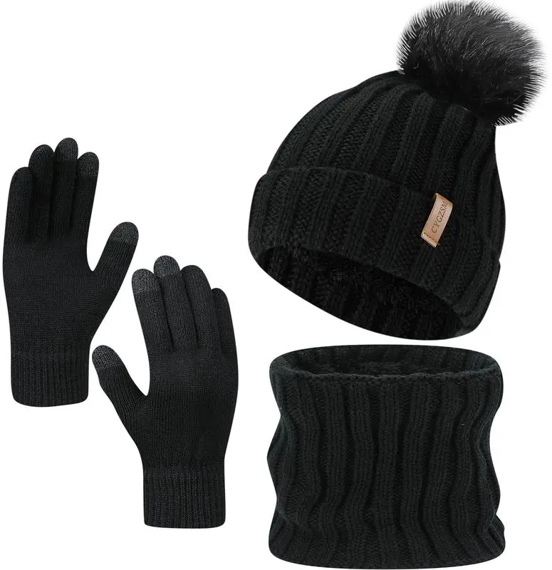 3PC Womens Winter Knit Hat Scarf and Gloves Set Fleece Lined Pom Pom Beanie Long Knit Scarf and Touchscreen Gloves Chic Warm Christmas gift sets