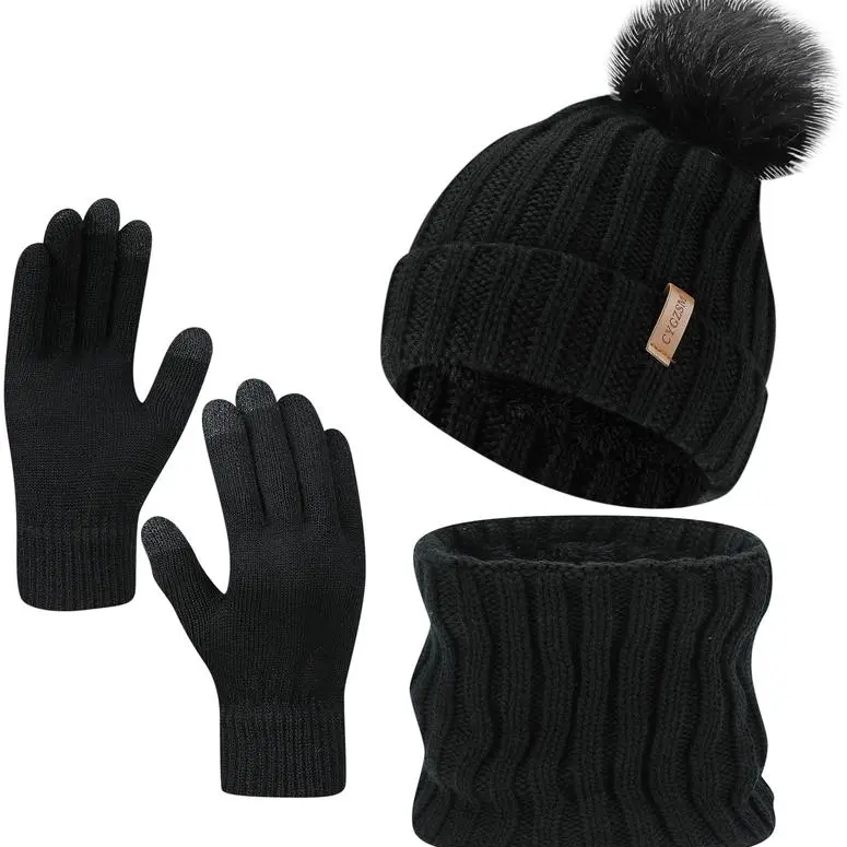 3PC Womens Winter Knit Hat Scarf and Gloves Set Fleece Lined Pom Pom Beanie Long Knit Scarf and Touchscreen Gloves Chic Warm Christmas gift sets