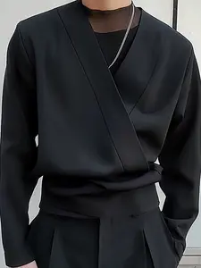 INCERUN Stylish Casual Basic Style Tops Menswear Men Fashion Shirts Handsome Male Shirt Solid Color V-neck Long Sleeve Blouse Streetwear